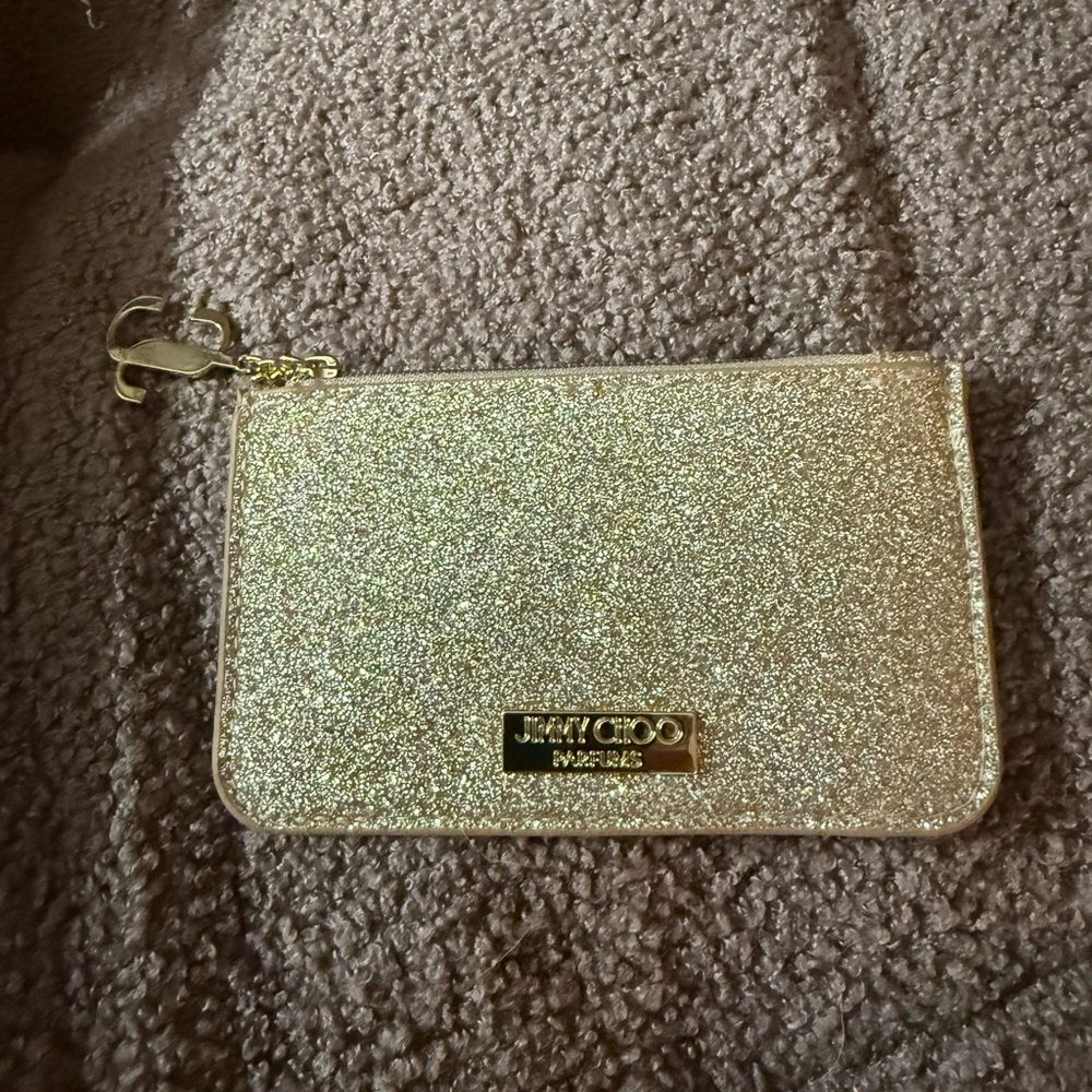 New Jimmy Choo Gold Glitter Zip Wristlet Clutch
